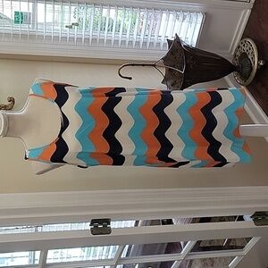 Black Bead navy aqua orange ripplewave stripe sleeveless dress razorback L EUC …